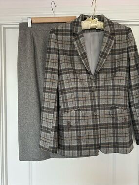 Classic Gray Plaid Blazer and Skirt Set - Gray Plaid